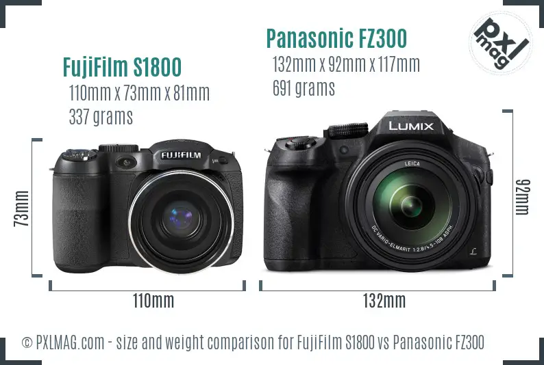FujiFilm S1800 vs Panasonic FZ300 size comparison