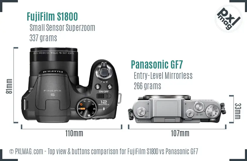 FujiFilm S1800 vs Panasonic GF7 top view buttons comparison