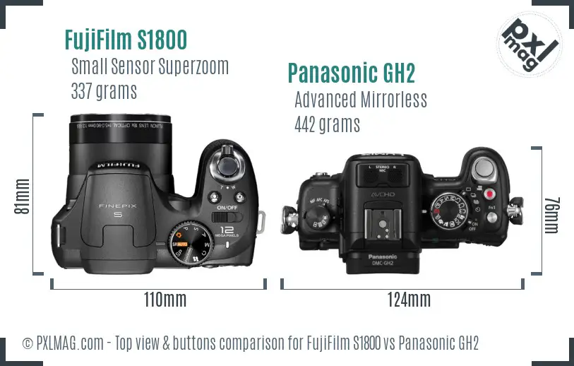 FujiFilm S1800 vs Panasonic GH2 top view buttons comparison