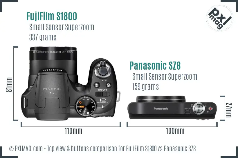 FujiFilm S1800 vs Panasonic SZ8 top view buttons comparison FujiFilm S1800 vs Panasonic SZ8 top view buttons comparison