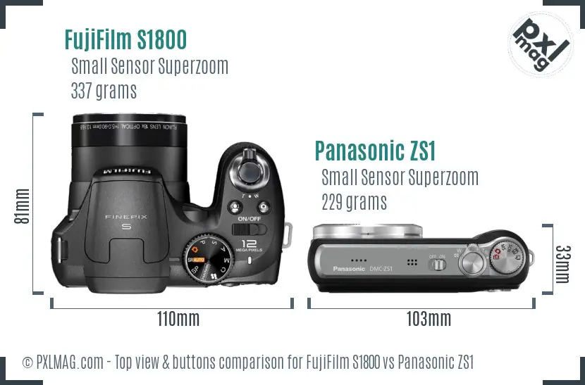 FujiFilm S1800 vs Panasonic ZS1 top view buttons comparison