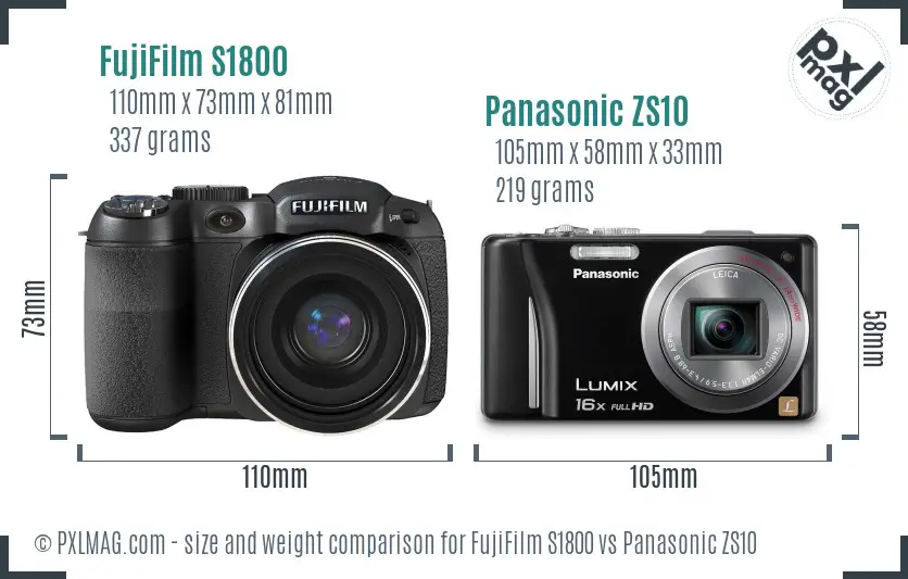 FujiFilm S1800 vs Panasonic ZS10 size comparison