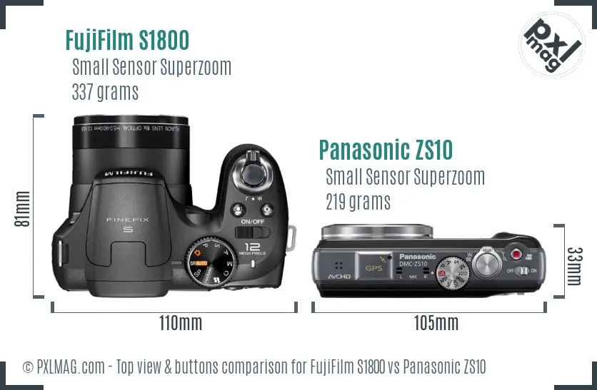 FujiFilm S1800 vs Panasonic ZS10 top view buttons comparison