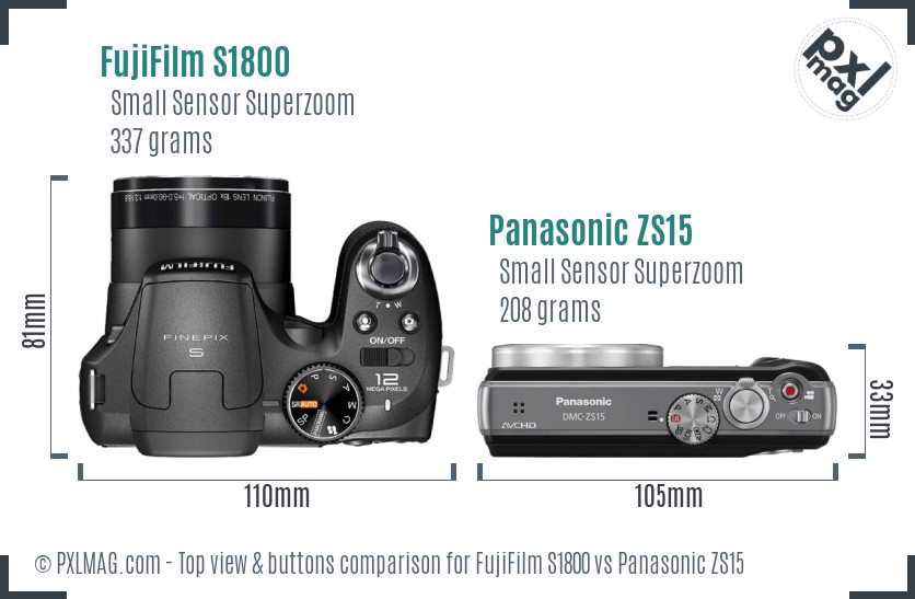 FujiFilm S1800 vs Panasonic ZS15 top view buttons comparison
