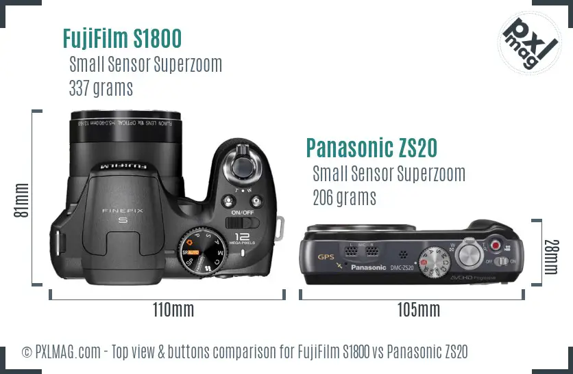 FujiFilm S1800 vs Panasonic ZS20 top view buttons comparison FujiFilm S1800 vs Panasonic ZS20 top view buttons comparison