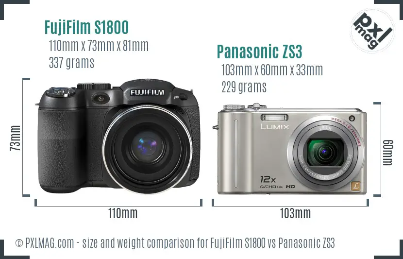 FujiFilm S1800 vs Panasonic ZS3 size comparison