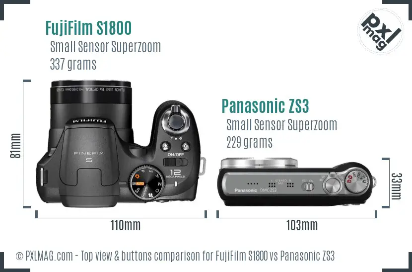 FujiFilm S1800 vs Panasonic ZS3 top view buttons comparison