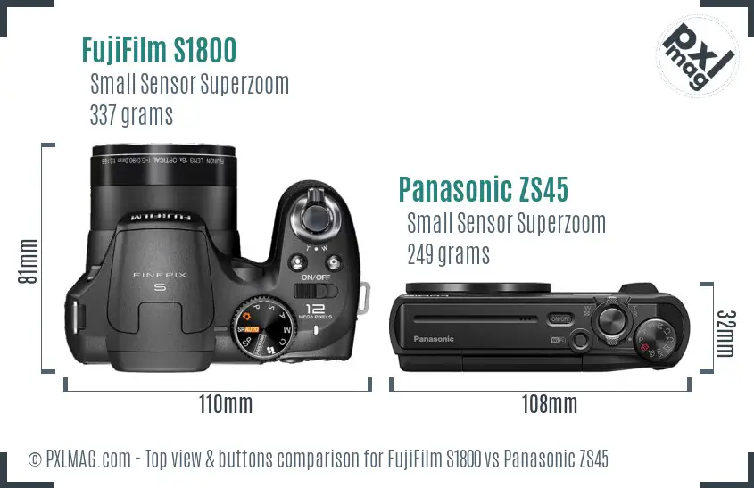 FujiFilm S1800 vs Panasonic ZS45 top view buttons comparison
