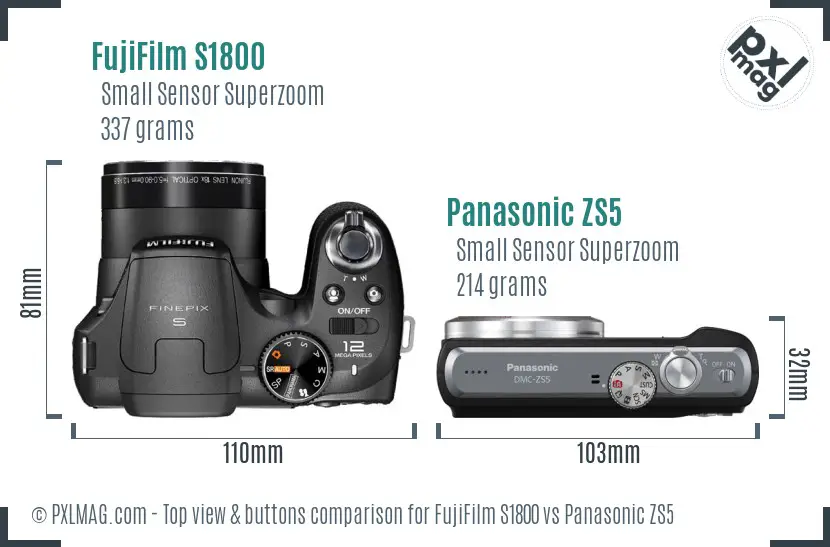FujiFilm S1800 vs Panasonic ZS5 top view buttons comparison FujiFilm S1800 vs Panasonic ZS5 top view buttons comparison