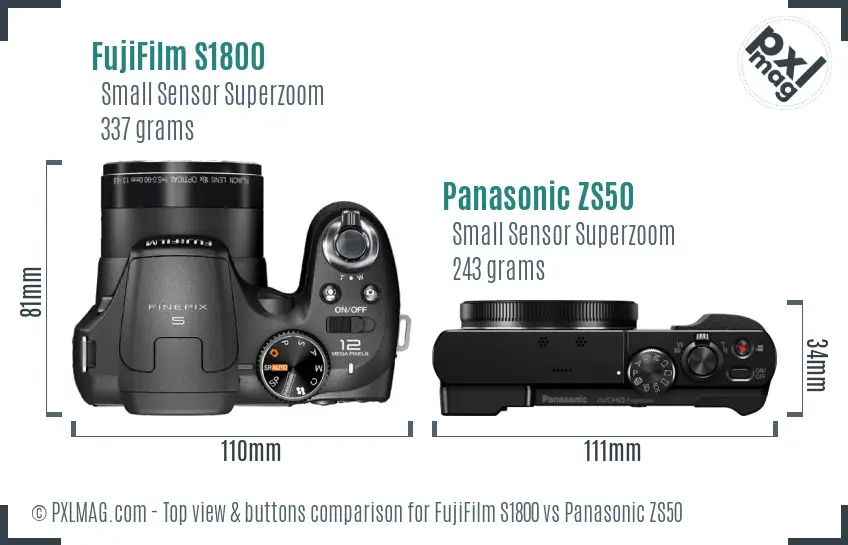 FujiFilm S1800 vs Panasonic ZS50 top view buttons comparison