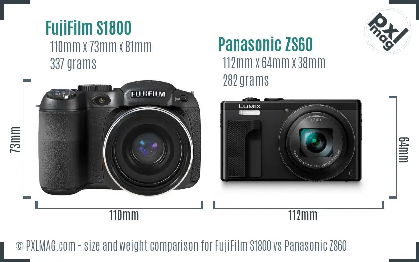 FujiFilm S1800 vs Panasonic ZS60 size comparison