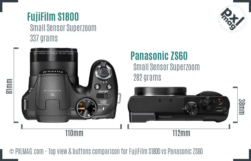 FujiFilm S1800 vs Panasonic ZS60 top view buttons comparison