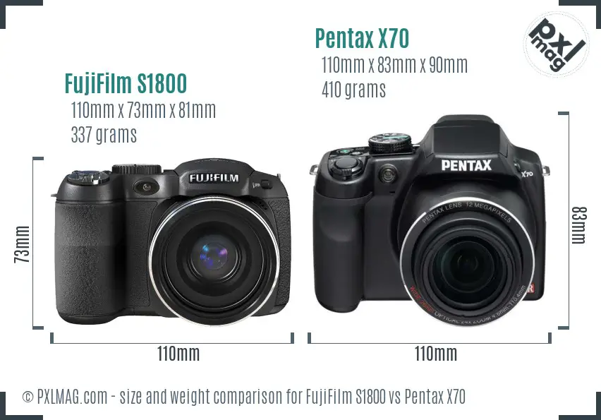 FujiFilm S1800 vs Pentax X70 size comparison