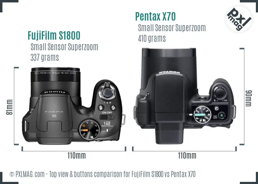FujiFilm S1800 vs Pentax X70 top view buttons comparison
