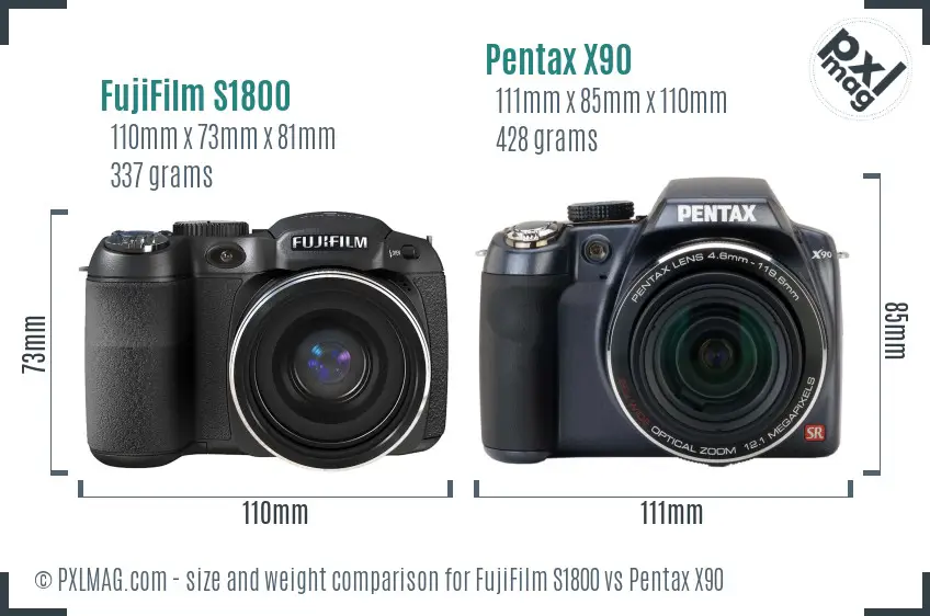 FujiFilm S1800 vs Pentax X90 size comparison