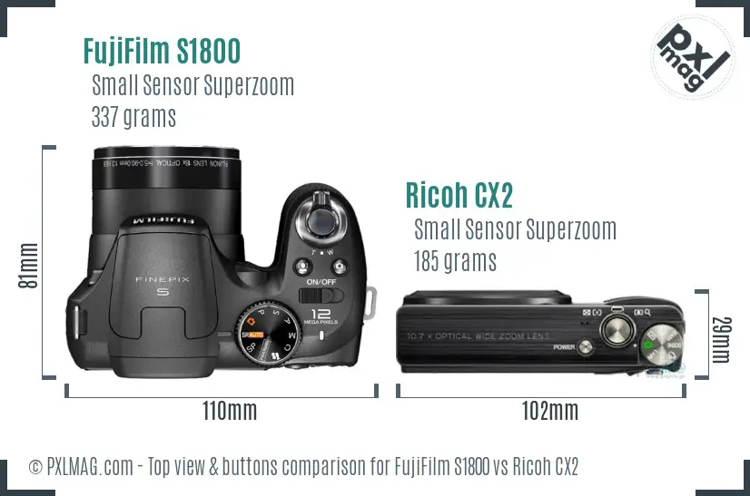 FujiFilm S1800 vs Ricoh CX2 top view buttons comparison