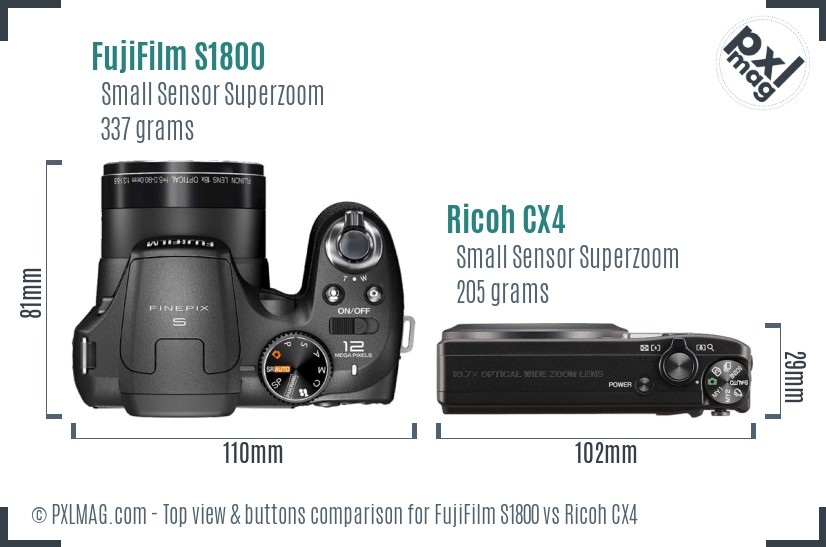 FujiFilm S1800 vs Ricoh CX4 top view buttons comparison