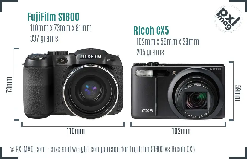 FujiFilm S1800 vs Ricoh CX5 size comparison FujiFilm S1800 vs Ricoh CX5 size comparison