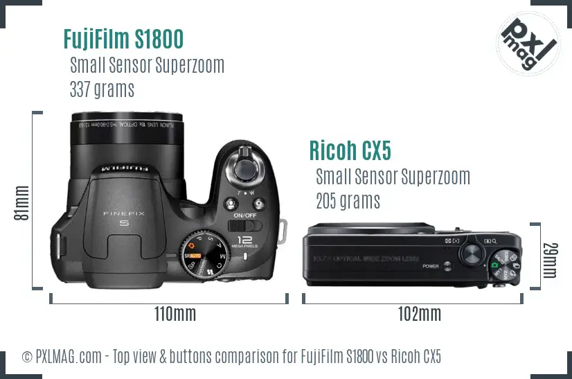 FujiFilm S1800 vs Ricoh CX5 top view buttons comparison FujiFilm S1800 vs Ricoh CX5 top view buttons comparison
