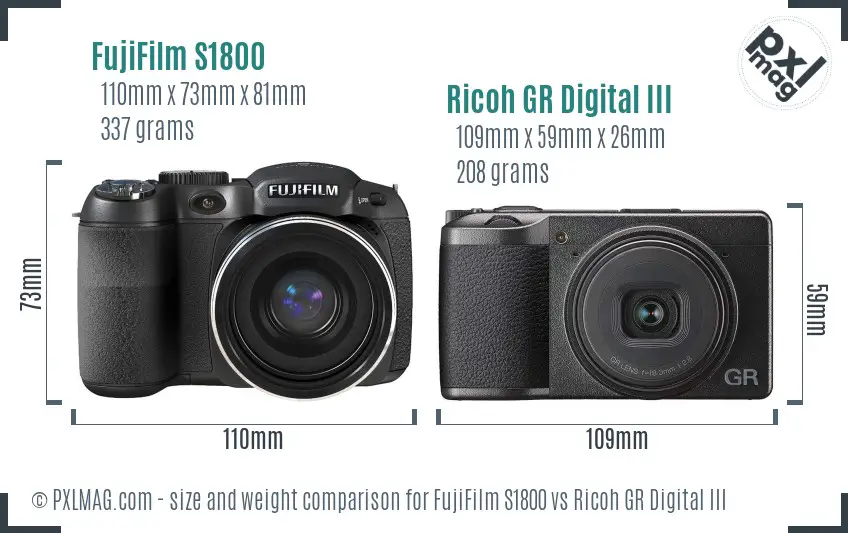 FujiFilm S1800 vs Ricoh GR Digital III size comparison