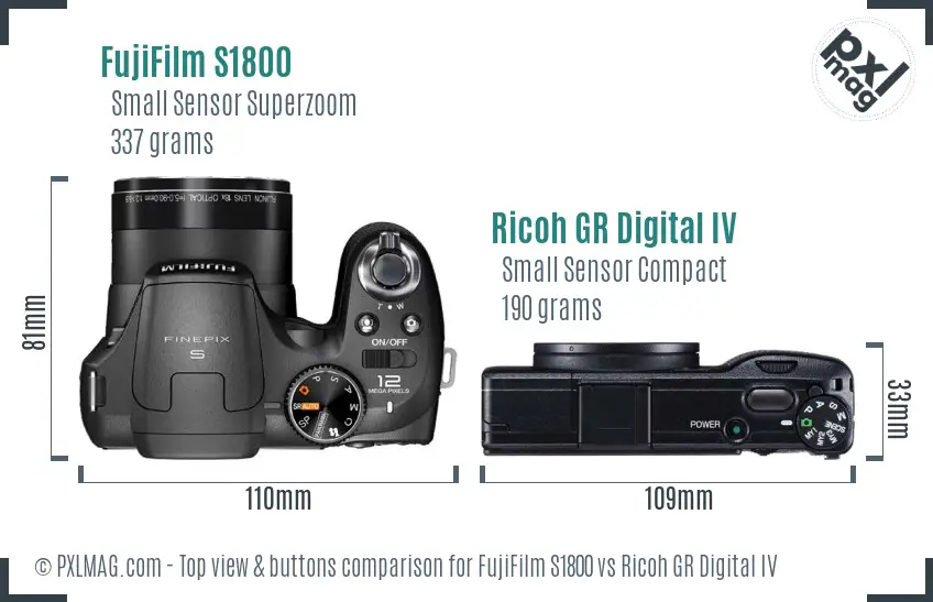 FujiFilm S1800 vs Ricoh GR Digital IV top view buttons comparison FujiFilm S1800 vs Ricoh GR Digital IV top view buttons comparison