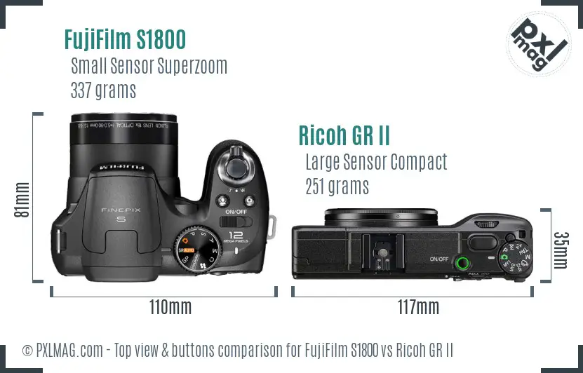 FujiFilm S1800 vs Ricoh GR II top view buttons comparison