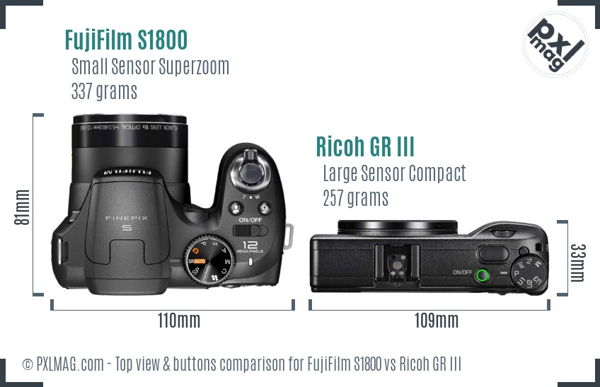 FujiFilm S1800 vs Ricoh GR III top view buttons comparison