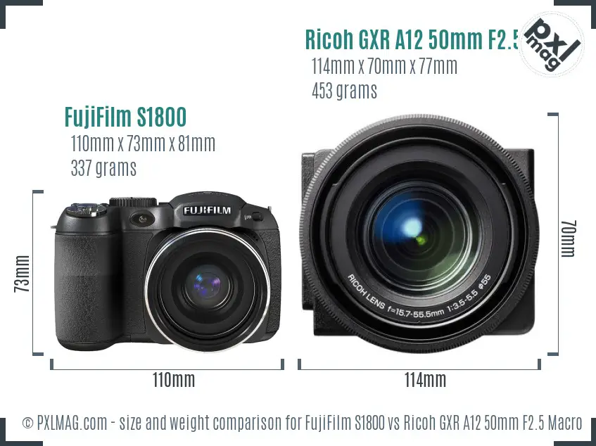 FujiFilm S1800 vs Ricoh GXR A12 50mm F2.5 Macro size comparison FujiFilm S1800 vs Ricoh GXR A12 50mm F2.5 Macro size comparison