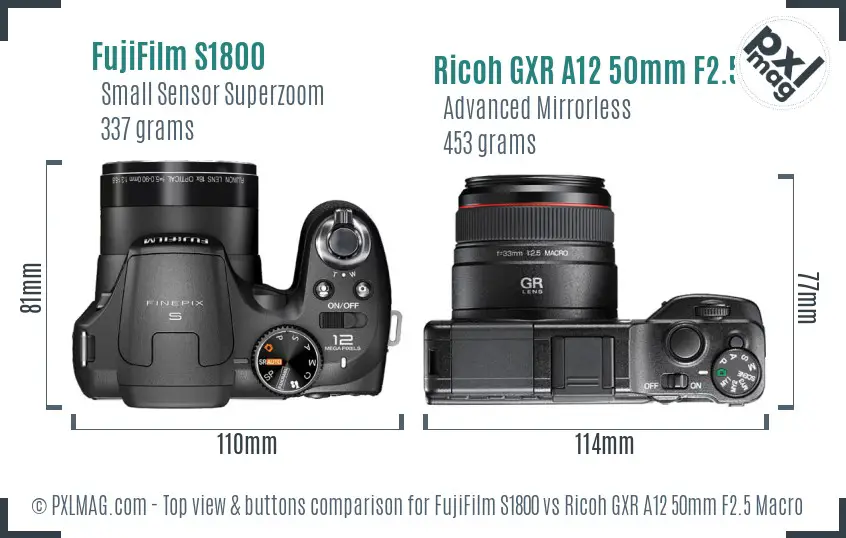 FujiFilm S1800 vs Ricoh GXR A12 50mm F2.5 Macro top view buttons comparison FujiFilm S1800 vs Ricoh GXR A12 50mm F2.5 Macro top view buttons comparison