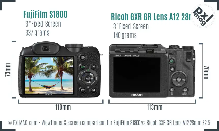 FujiFilm S1800 vs Ricoh GXR GR Lens A12 28mm F2.5 Screen and Viewfinder comparison