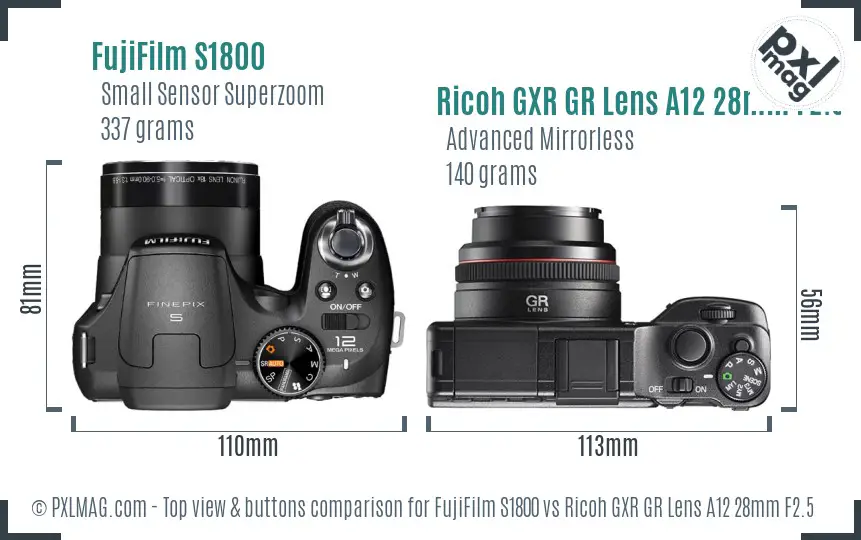 FujiFilm S1800 vs Ricoh GXR GR Lens A12 28mm F2.5 top view buttons comparison