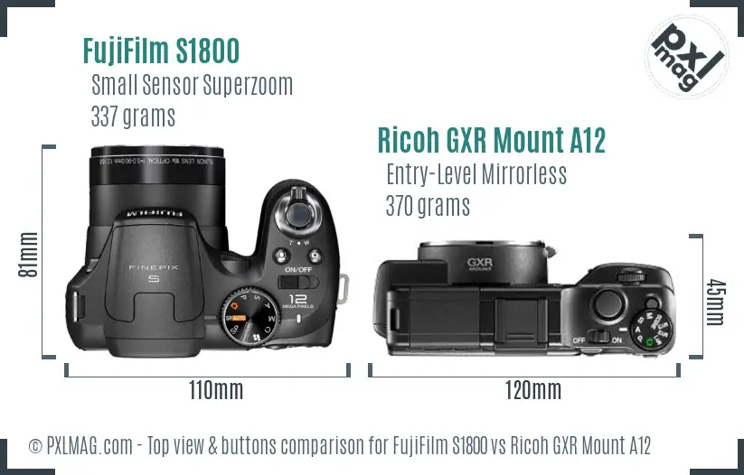 FujiFilm S1800 vs Ricoh GXR Mount A12 top view buttons comparison FujiFilm S1800 vs Ricoh GXR Mount A12 top view buttons comparison