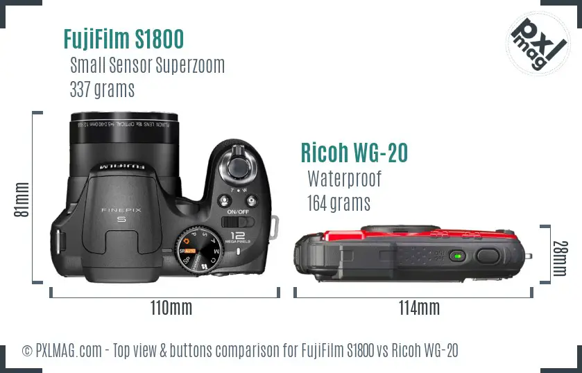FujiFilm S1800 vs Ricoh WG-20 top view buttons comparison