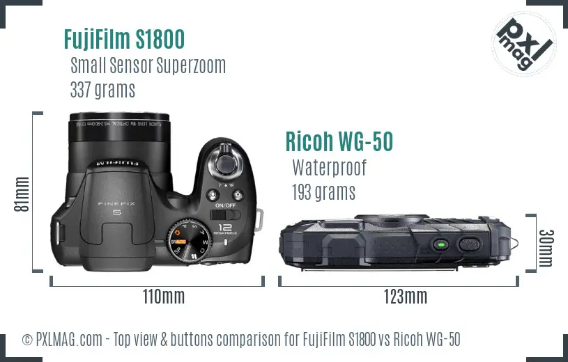 FujiFilm S1800 vs Ricoh WG-50 top view buttons comparison