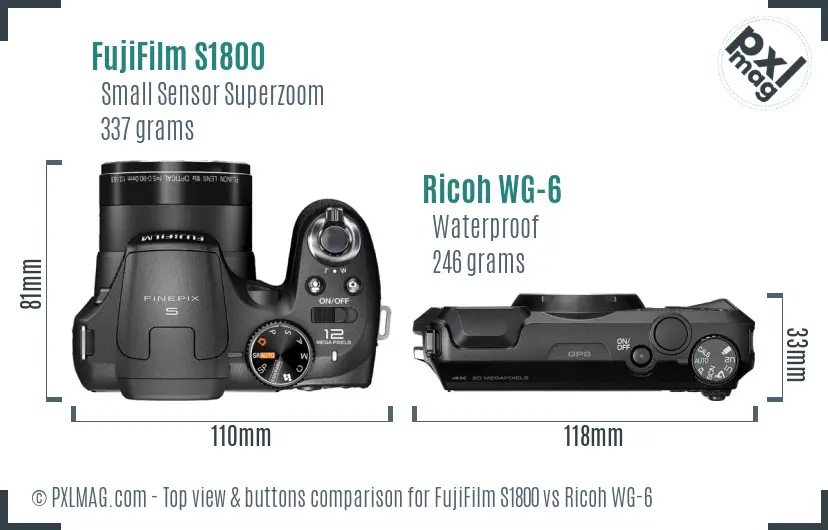 FujiFilm S1800 vs Ricoh WG-6 top view buttons comparison