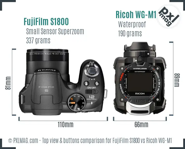 FujiFilm S1800 vs Ricoh WG-M1 top view buttons comparison FujiFilm S1800 vs Ricoh WG-M1 top view buttons comparison