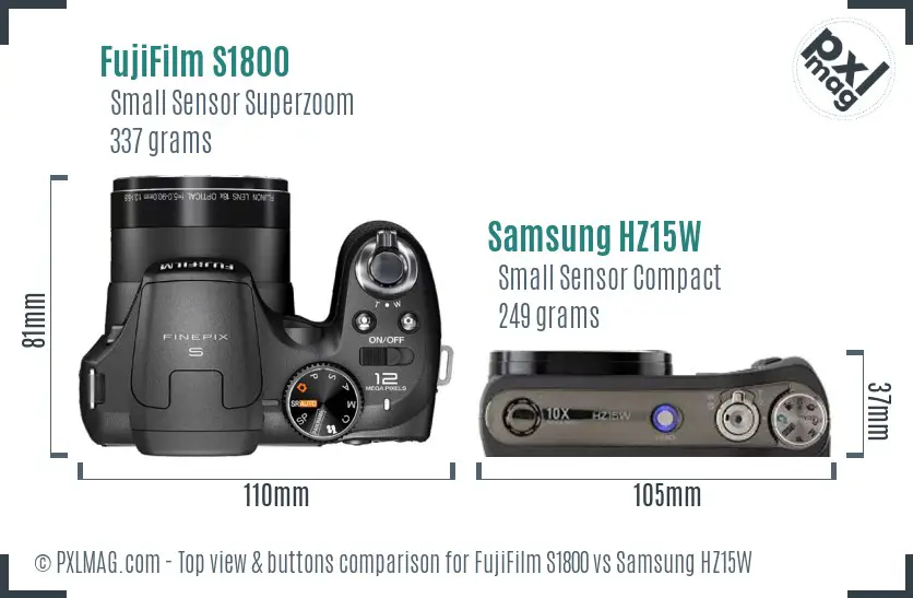 FujiFilm S1800 vs Samsung HZ15W top view buttons comparison FujiFilm S1800 vs Samsung HZ15W top view buttons comparison