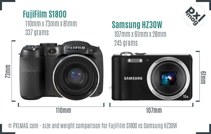 FujiFilm S1800 vs Samsung HZ30W size comparison