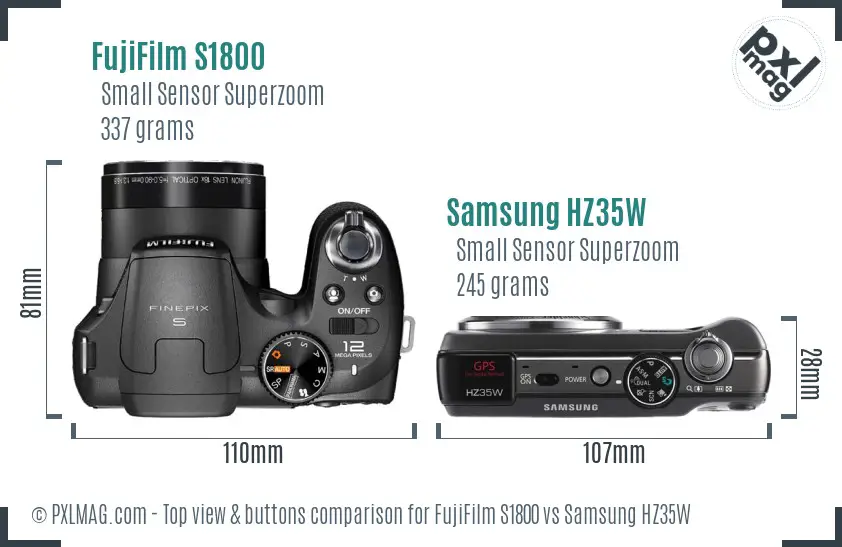 FujiFilm S1800 vs Samsung HZ35W top view buttons comparison FujiFilm S1800 vs Samsung HZ35W top view buttons comparison