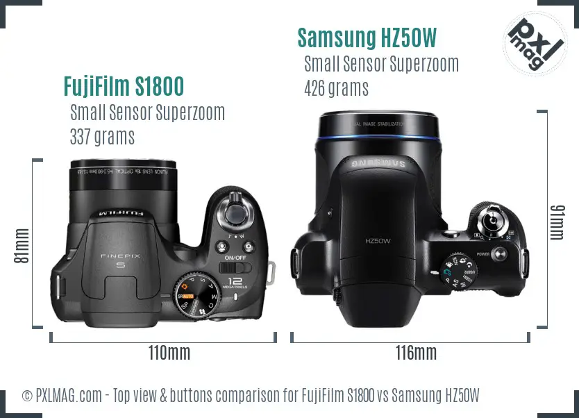 FujiFilm S1800 vs Samsung HZ50W top view buttons comparison FujiFilm S1800 vs Samsung HZ50W top view buttons comparison
