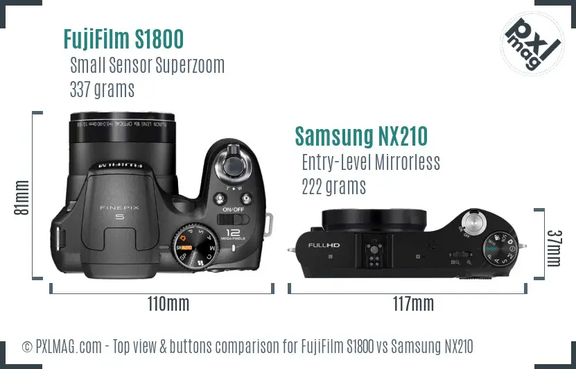 FujiFilm S1800 vs Samsung NX210 top view buttons comparison FujiFilm S1800 vs Samsung NX210 top view buttons comparison