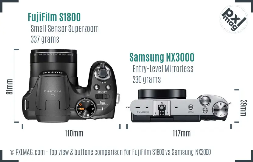 FujiFilm S1800 vs Samsung NX3000 top view buttons comparison FujiFilm S1800 vs Samsung NX3000 top view buttons comparison
