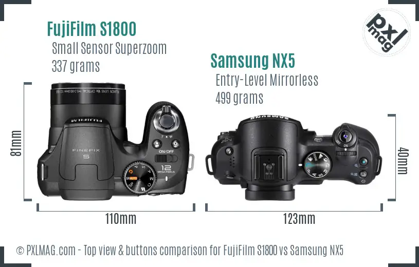 FujiFilm S1800 vs Samsung NX5 top view buttons comparison
