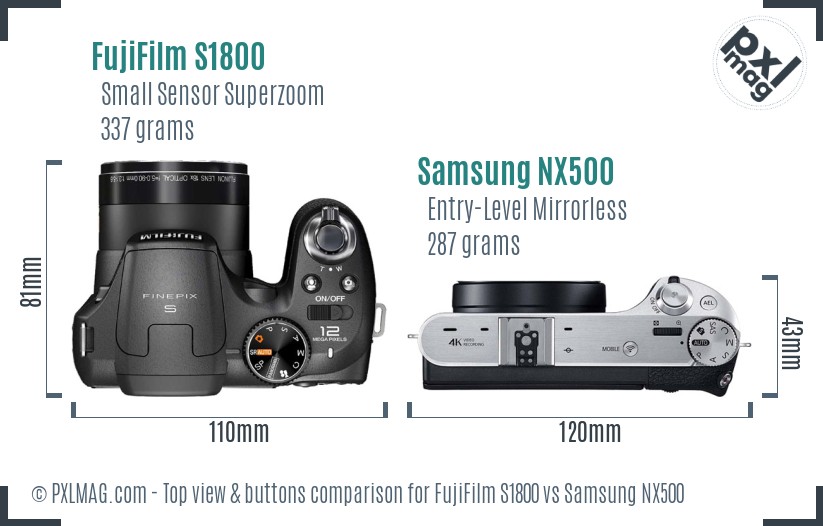 FujiFilm S1800 vs Samsung NX500 top view buttons comparison