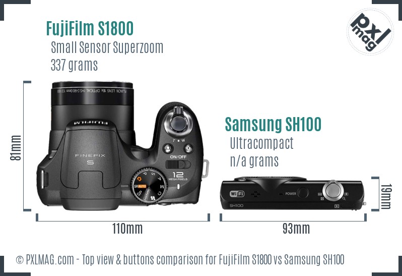 FujiFilm S1800 vs Samsung SH100 top view buttons comparison