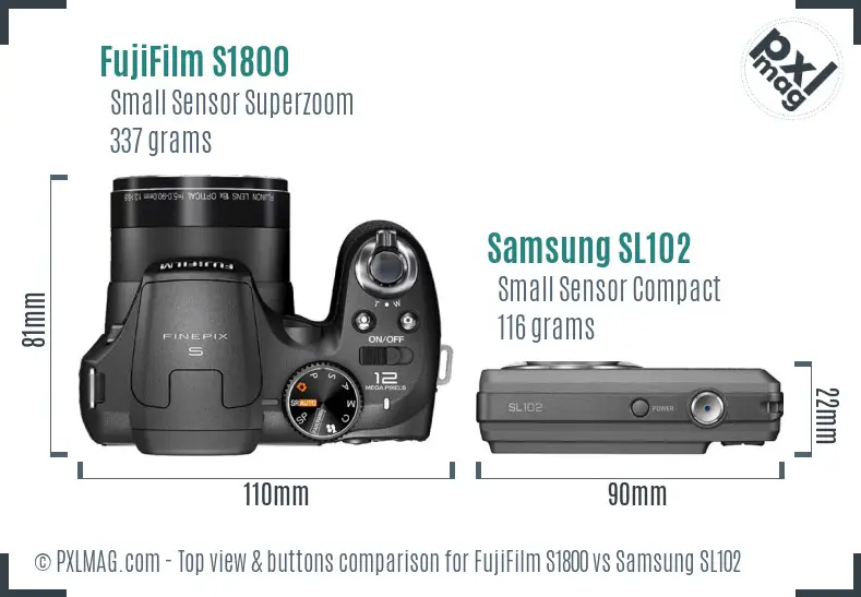 FujiFilm S1800 vs Samsung SL102 top view buttons comparison FujiFilm S1800 vs Samsung SL102 top view buttons comparison