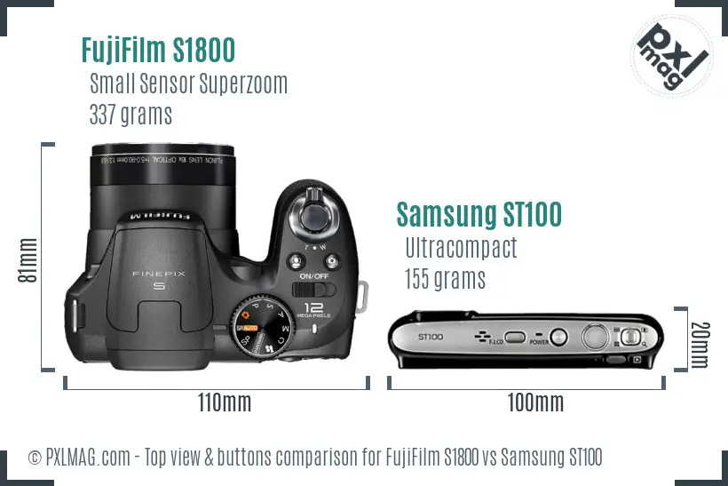FujiFilm S1800 vs Samsung ST100 top view buttons comparison FujiFilm S1800 vs Samsung ST100 top view buttons comparison