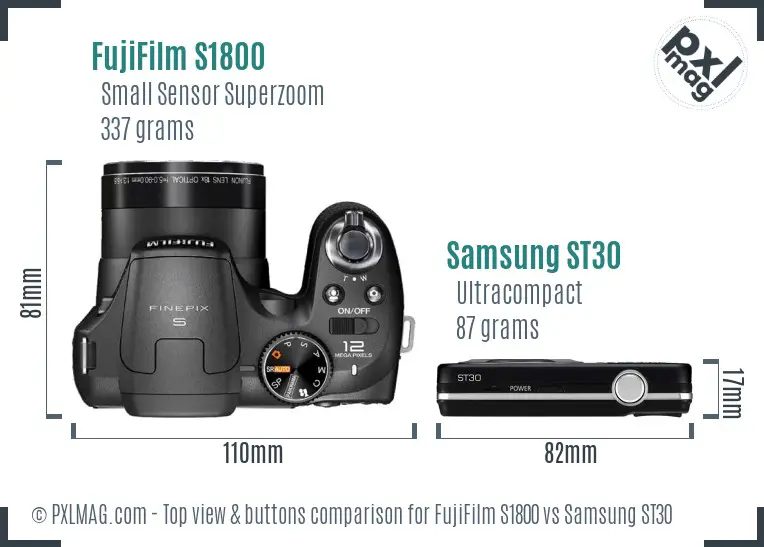 FujiFilm S1800 vs Samsung ST30 top view buttons comparison