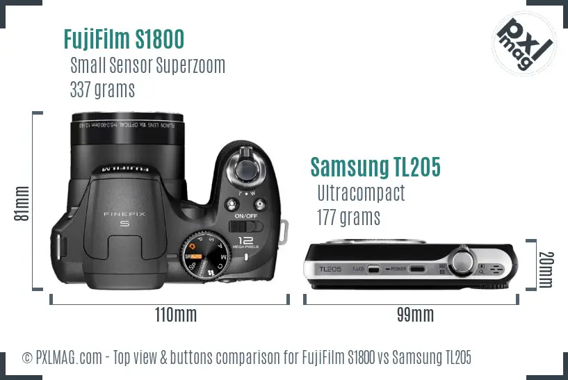 FujiFilm S1800 vs Samsung TL205 top view buttons comparison FujiFilm S1800 vs Samsung TL205 top view buttons comparison