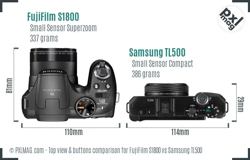 FujiFilm S1800 vs Samsung TL500 top view buttons comparison FujiFilm S1800 vs Samsung TL500 top view buttons comparison
